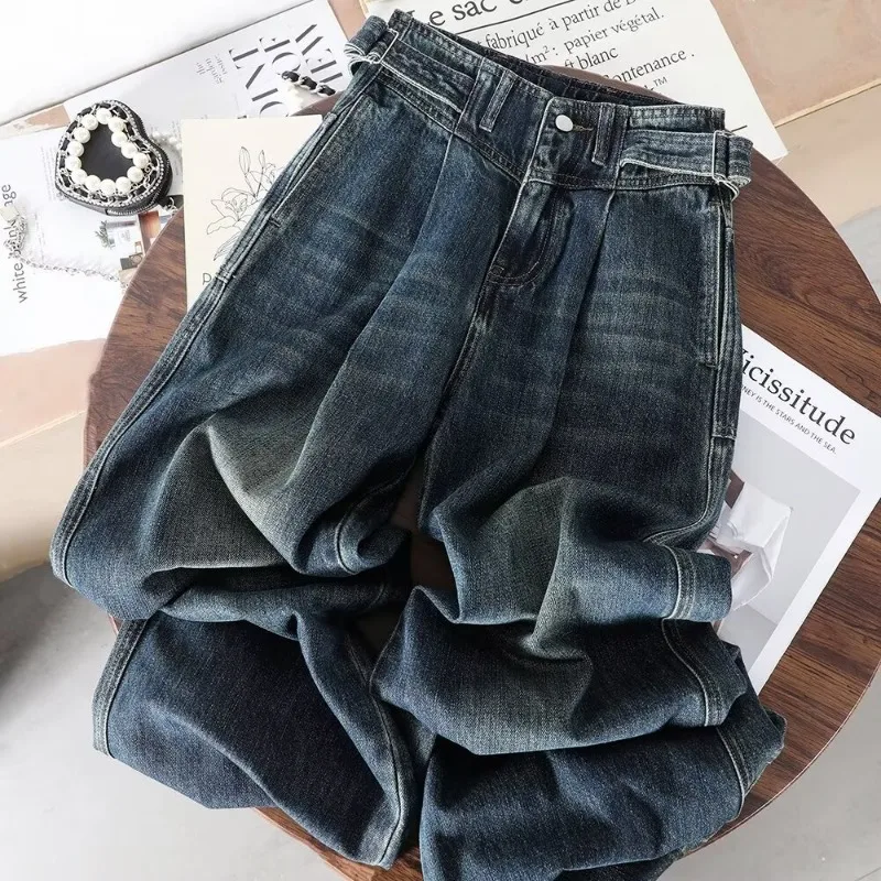 Spring Summer Ladies American Vintage High Waist Wide Leg Jeans Adjustable Waist Loose Flowy Floor Sweeping Denim Long Pants