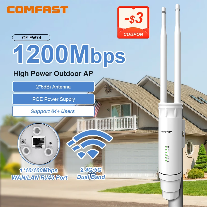 Comfast AC1200 Zewnętrzny Punkt Dostępowy Wi-Fi, Wzmacniacz Sygnału, Router 2.4/5Ghz Dual Band, Daleki Zasięg, Bezprzewodowy Repeater Wi-Fi 1200 Mb/s