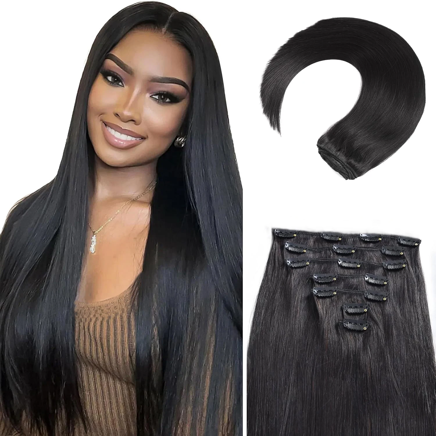 22 Inch Long straight Black Clip in Hair Extensions 130G 7pcs Synthetic Clip in Hair Extensions
