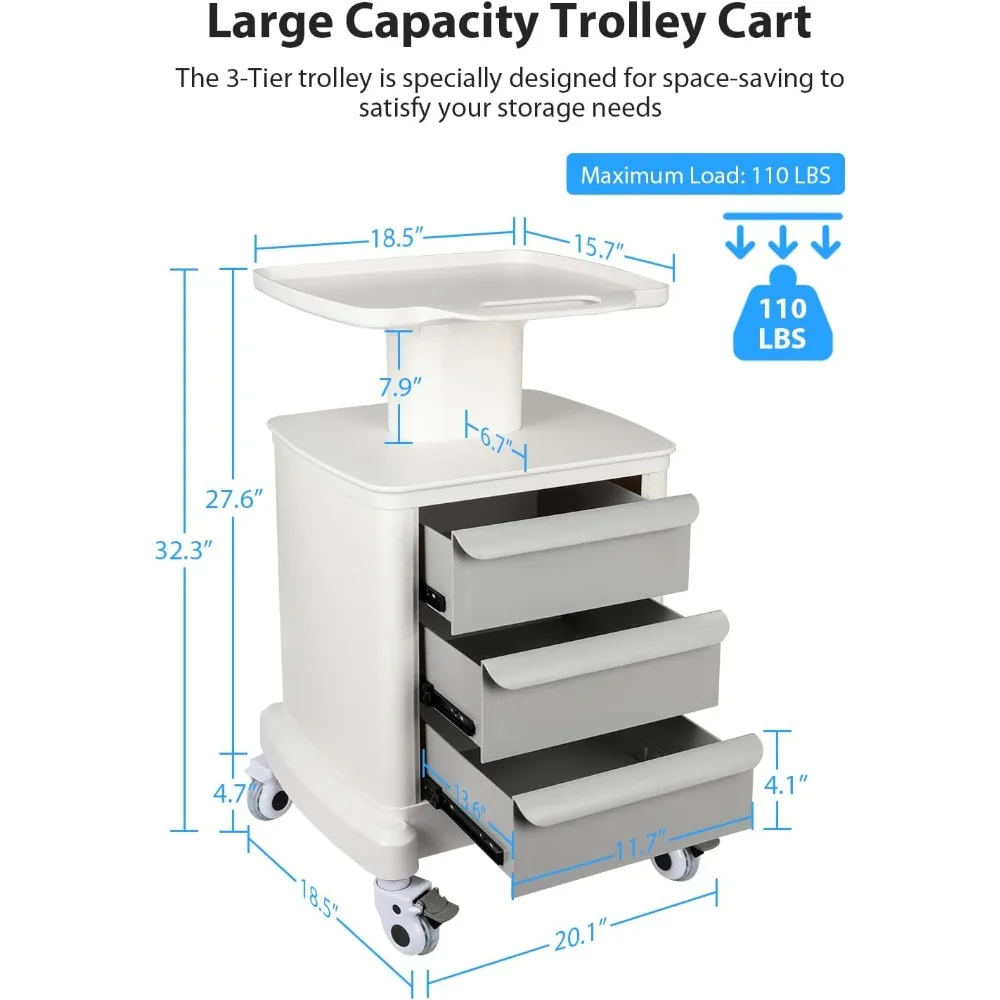 Portable Ultrasound Scanner Trolley Cart with Beauty Storage, 110 lbs Capacity, 3 Drawers, Heavy Duty Mobile Cart for Imaging Eq