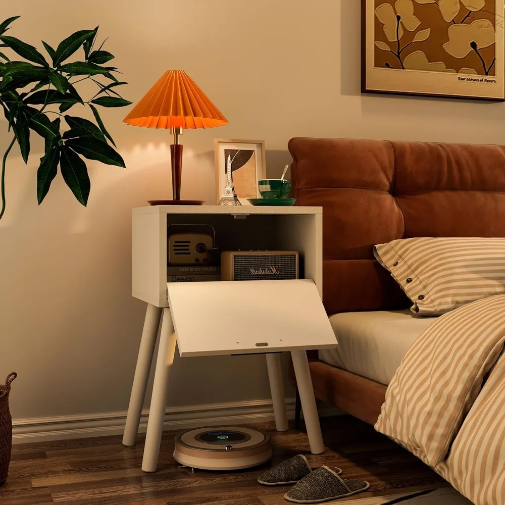 مجموعة منضدة YMYNY مكونة من 2، طاولة نهائية، طاولة صغيرة بجانب السرير، درج مزين بالروطان مصنوع يدويًا، أرجل من الخشب الصلب، طاولة جانبية حديثة