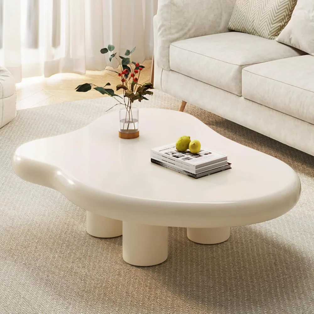 Small Coffee Table,Cream White Round Edge Coffee Table, Cute Cloud-Shape Coffee Table