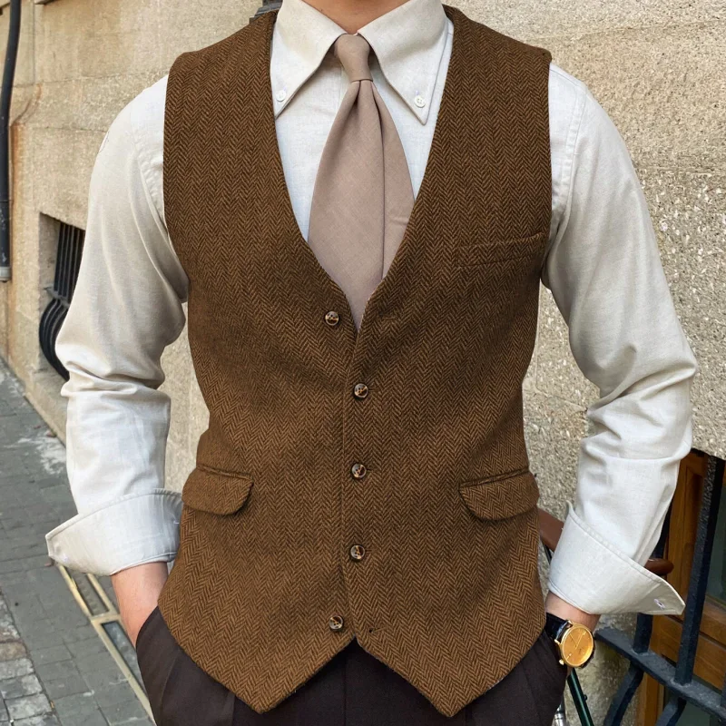

Vest Men's Herringbone Autumn and Winter Slim Fit Retro Suit Collar Vest European and American Khaki Tweed Vest