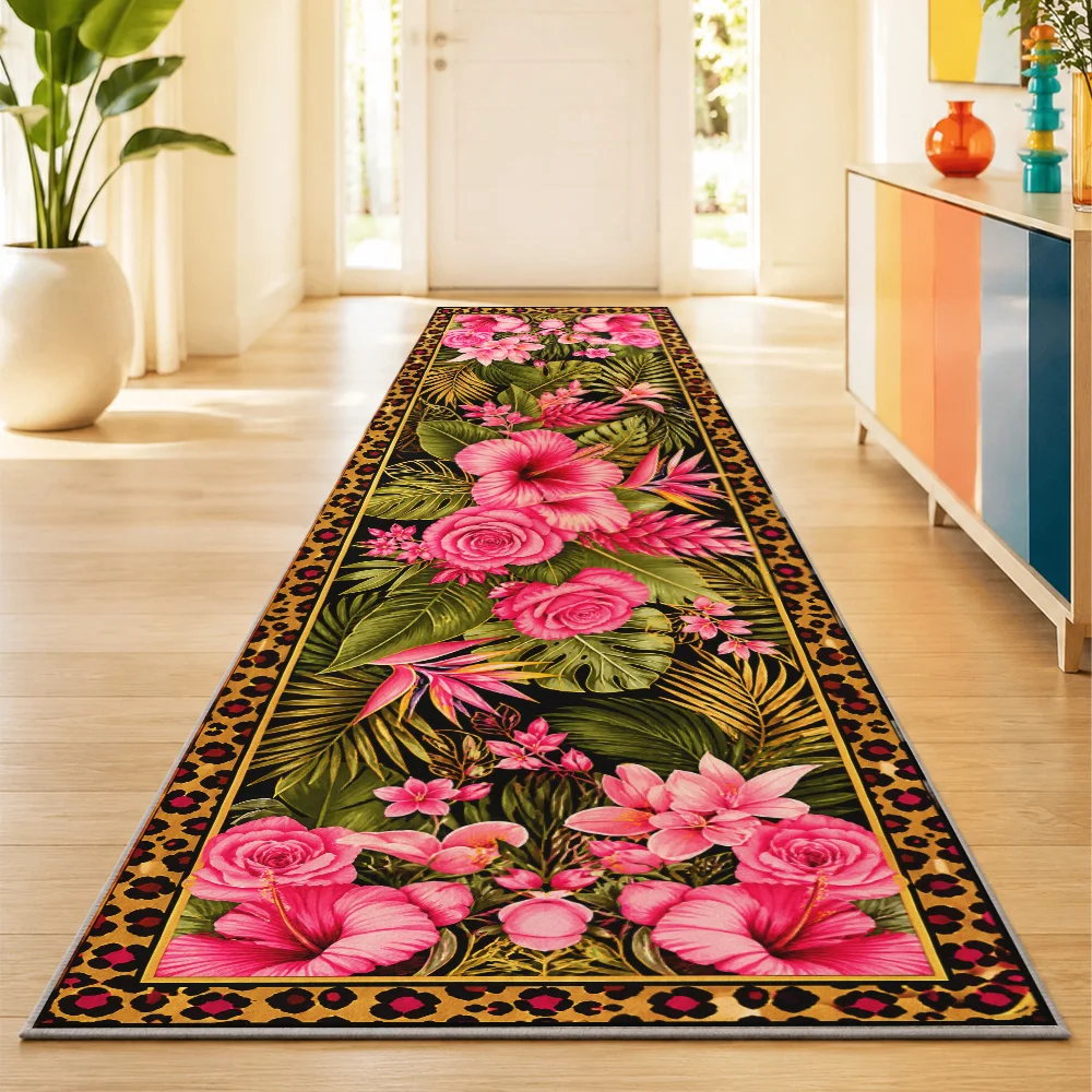Modern Cheetah Runner Rug Pink Tropical Palm Leaf Carpet For Hallway Luxury Living Room Stairs Entrance Long Floor Mat New view 4