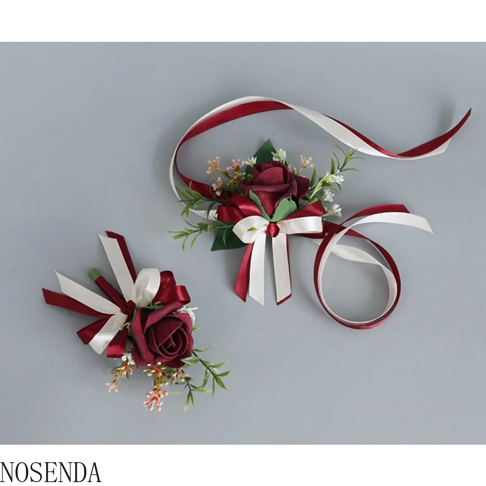 Burgundy Men Boutonniere Ribbon Wrist Corsage Bridesmaid Boutonniere Marriage Accessories Wedding Decoration  Flower for Bride