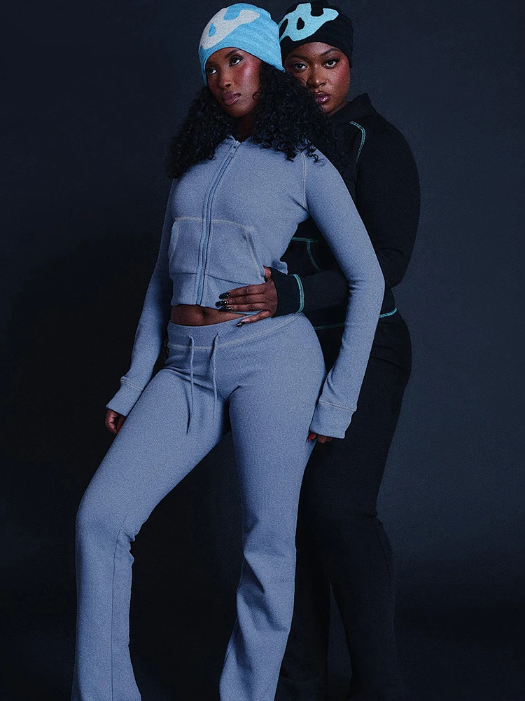 Kliou بدلة رياضية غير رسمية 2 قطعة مجموعة امرأة البريدي سترة كم كامل مقنع سترة الرباط السراويل الطويلة اليومية ملابس رياضية نمط