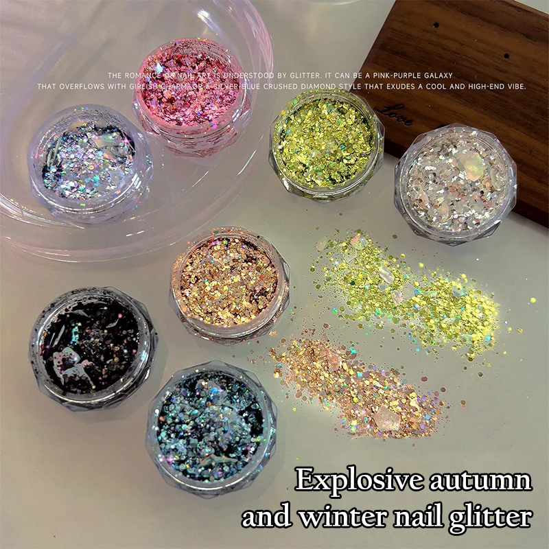 

1 Box Holographic Pure Shiny Glitter Flakes Sparkly Chunky Iridescent Gold Silver Metallic Mermaid Nail Art Powder Sequins