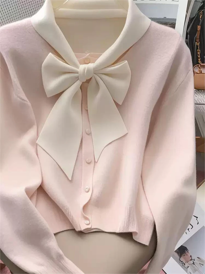 Bomon 2024 Autumn/Winter unique and chic pink bow knit Cardigan Sweet and cute women's coat design sense long sleeve loose top