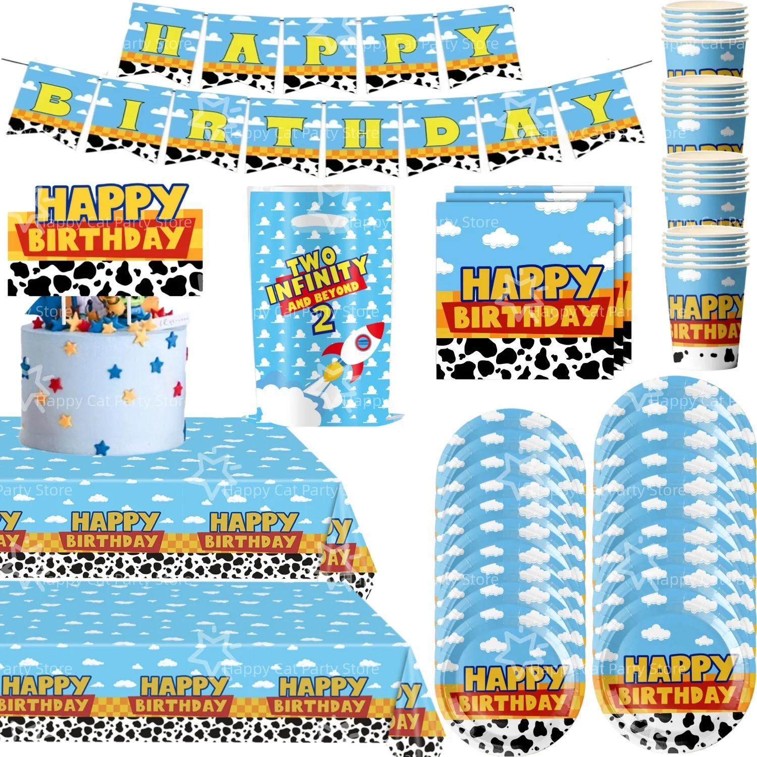 Articles de fête et fournitures pour fête d'anniversaire sur le thème de l'aventure des jouets : décoration, vaisselle (gobelets, assiettes), nappe, sacs cadeaux, jouets