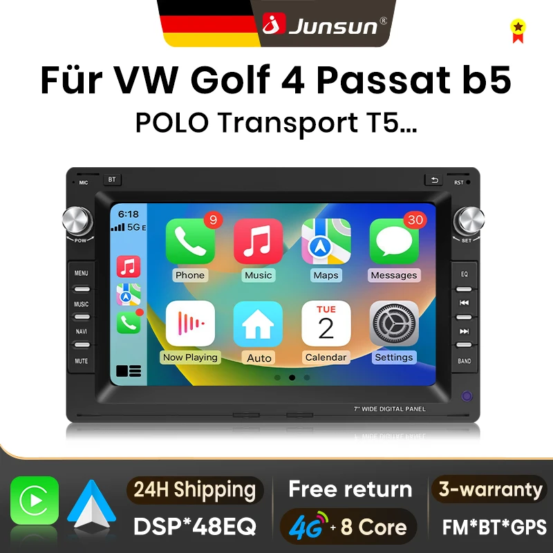 Autoradio Android 7 pouces Junsun pour VW Volkswagen Passat B5 MK4 MK5 Golf 4 Polo Bora Jetta T5 sans fil pour Apple CarPlay, écran IPS, lecteur multimédia vidéo, systèmes intelligents automobiles, autoradio 2 Din, BT, GPS, FM, DSP, RDS, SWC, DAB+