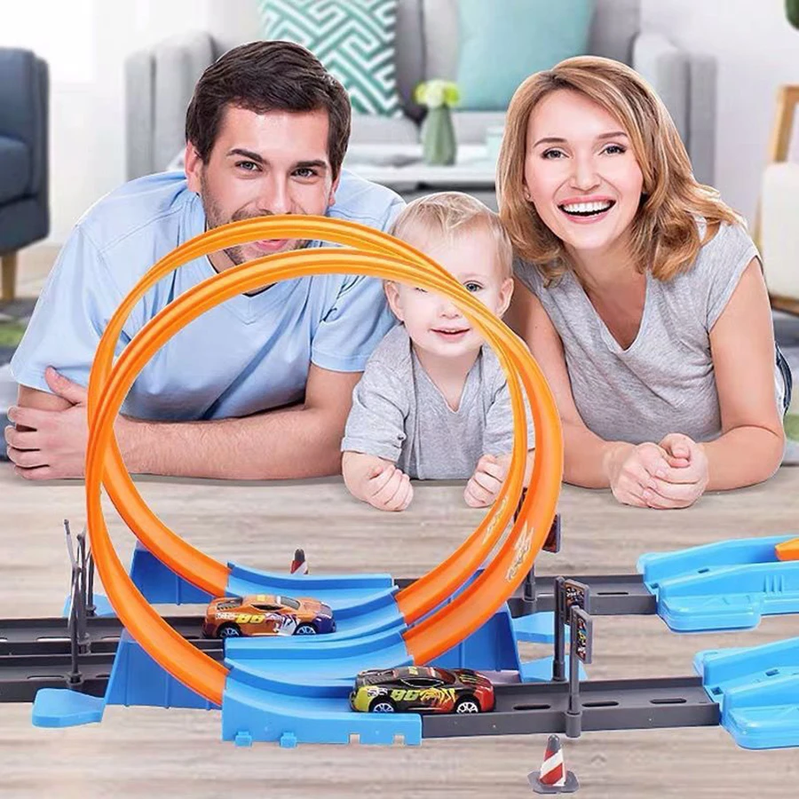 Double Car Wheels Model Racing Track Toys para meninos e meninas, DIY Montado Rail Kits, Catapult Rail, Presentes para crianças