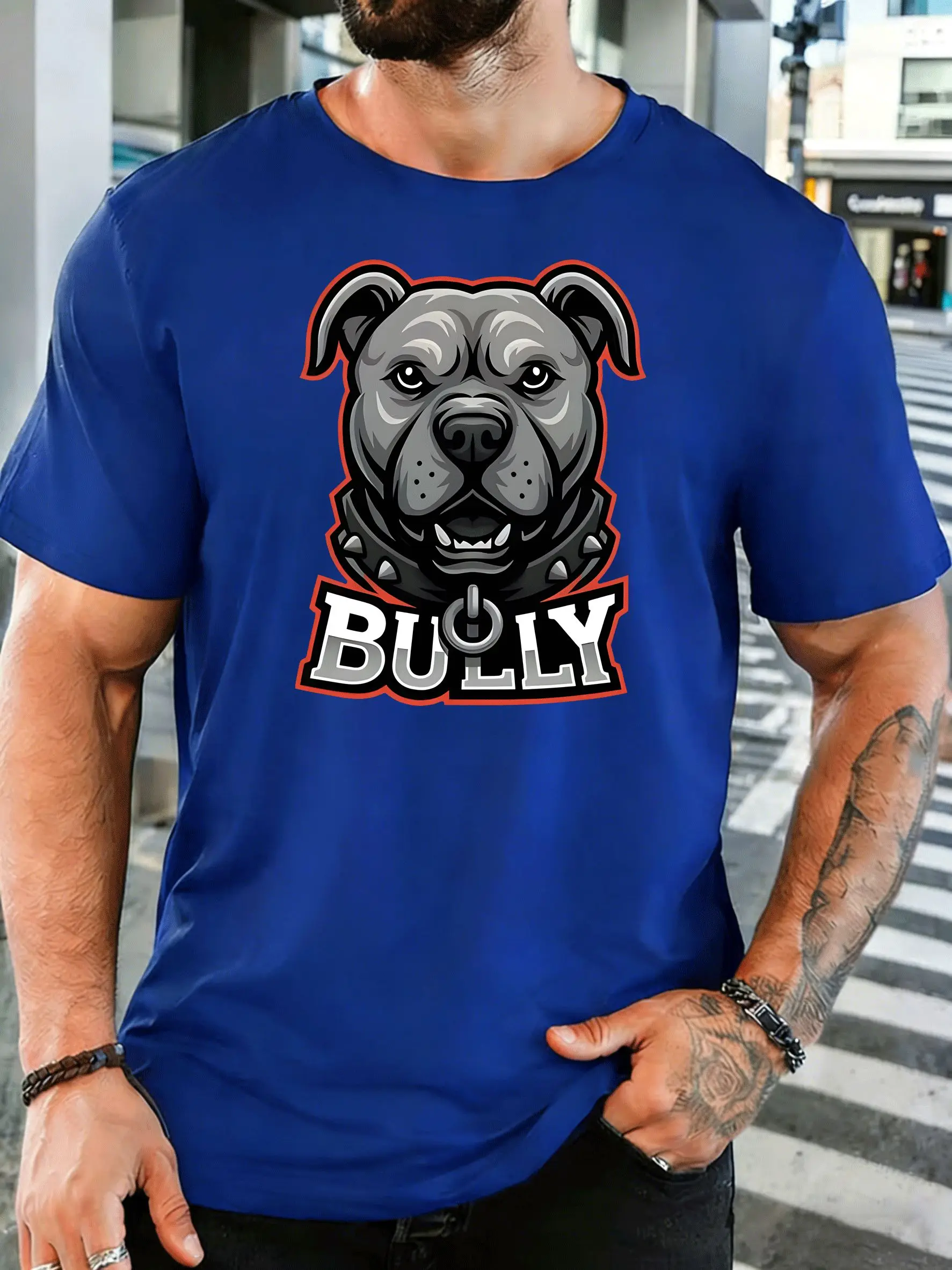 Pitbull Head With Bully Letter Mens Front Print T Shirt Cool Dog Graphic Tee Casual Short Sleeve Top Dog Breed Lover Gift