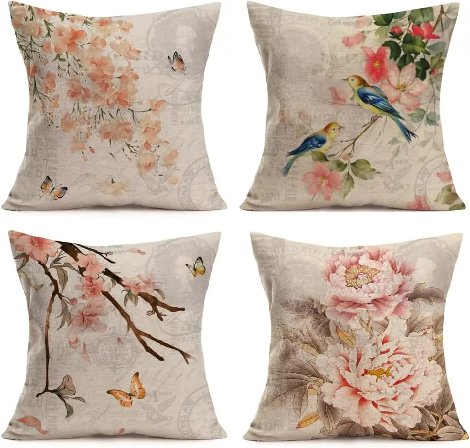 Spring Flower Pillow Cover with Bird Pansy Leaf Tree Plant 45x45cm Pillowcase Linen Home Sofa Decoration Seat Cover