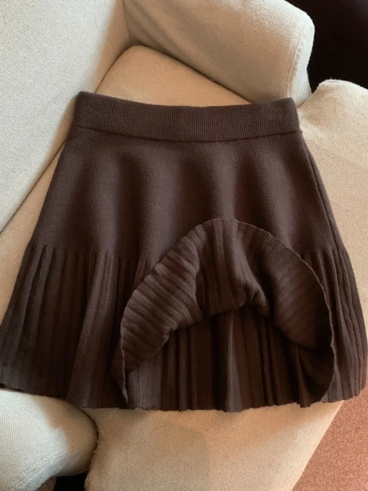 ay Knitted Pleated  Skirt Women's Autumn Winter Thiened Wrap around Skirt Soft Comfortable High Waist A-Line Skirt