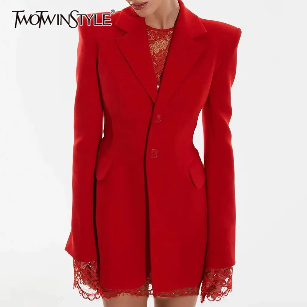 TWOTWINSTYLE Solid Spliced Lace Slimming Dress for Women Lapel Collar Long Sleeve Patchwork Single Breasted Mini Dresses Female