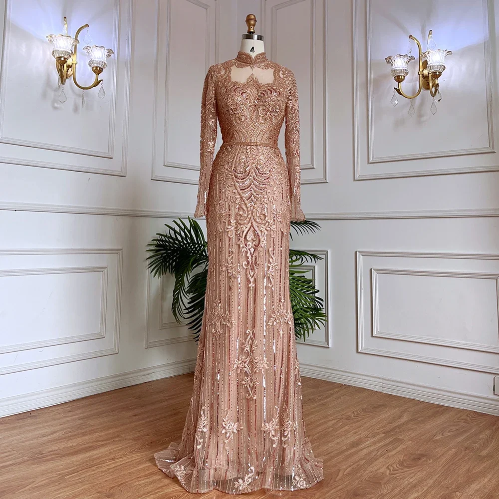 rose gold muslimah dress Serene Hill Muslim Pink Luxury Evening Gowns 2025 Flowers Crytsal Long Pink / 16