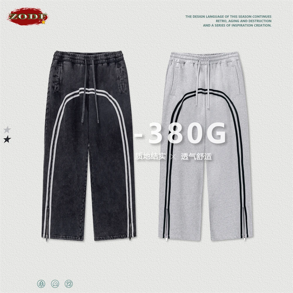 ZODF Retro 2024 Spring Washed Cotton Pants For Men Unisex Loose 380gsm Heavy-Weight Leg Zipper Straight Loose Trousers HY0809