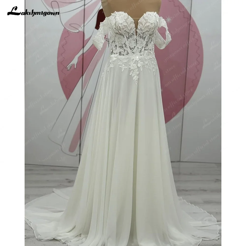 Lakshmigown Spitzen-Chiffon-Strandkleid, schulterfreies Hochzeitskleid, Kapärmel, Hochzeitsfeierkleid, maßgeschneidertes Robe Sirene Mariage – Detail 5
