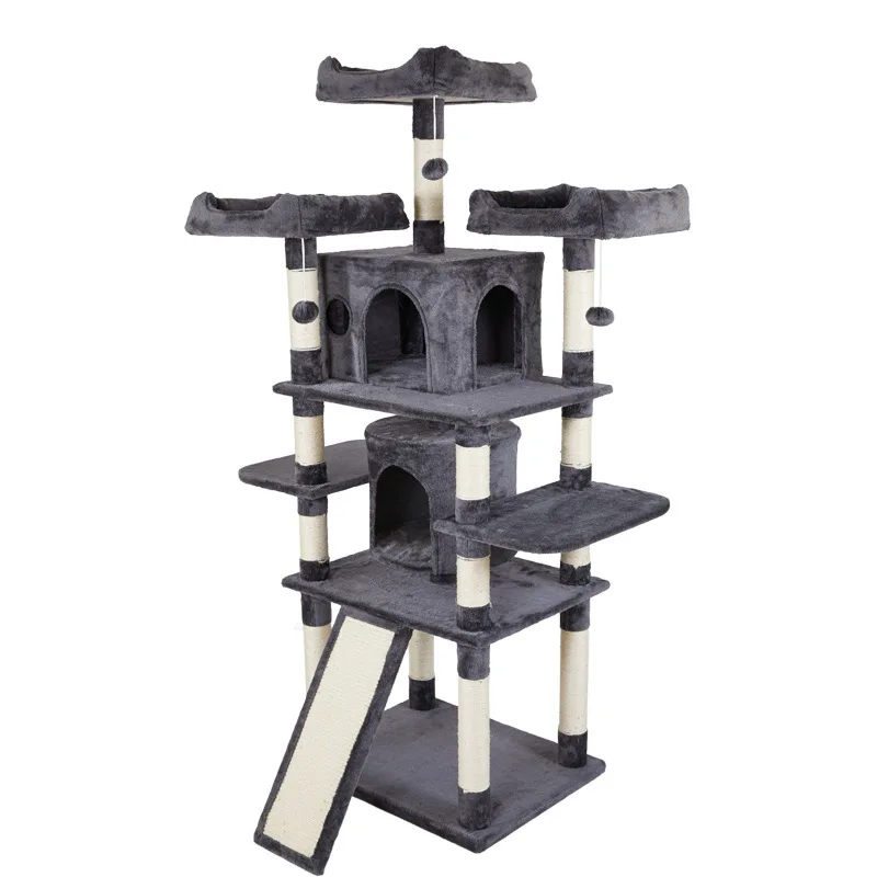 Modern Wood Cat Ceiling Tree Tower Plush Large Cats Condo with Sisal Scratcher for Cat Climbing and Play