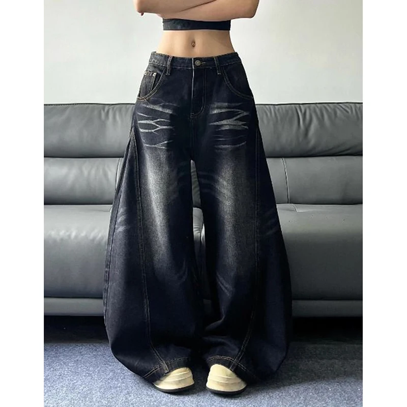 American Vintage Jeans Women Streetwear Whiskers Loose Wide Leg Jeans Autumn High Street Hip Hop Female Lazy Wind Denim Pants