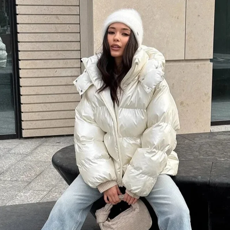 Casual Women's Glossy Hooded Cotton Coats Puffy Stand Collar Zipper Long Sleeve Warm Jackets 2026 Winter Lady Down Jacket New
