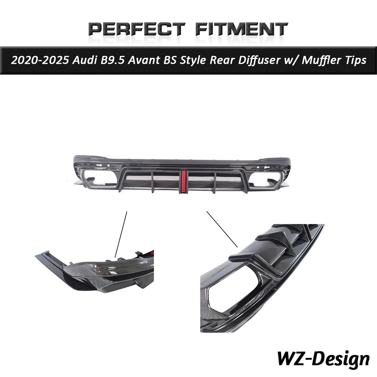 

Задний диффузор CF из углеродного волокна с насадками глушителя — задний аэродинамический диффузор, подходящий для диффузора Audi B9.5 2020-2025 гг.