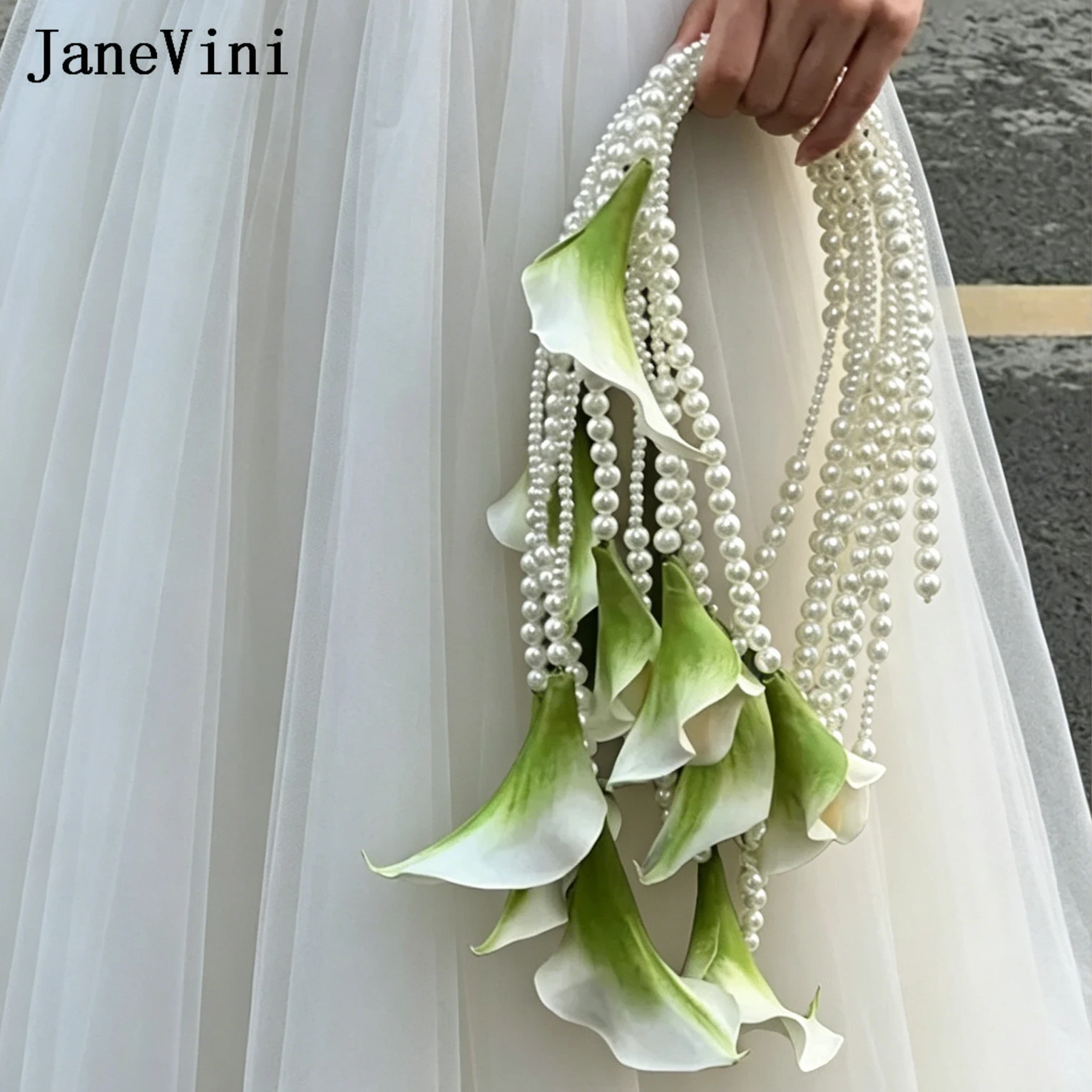 

JaneVini Luxury Green Calla Lily Pearl Hoop Bridal Bouquets Waterfall Wedding Bride Handheld Flower Cascade Ramo Artificial Boda