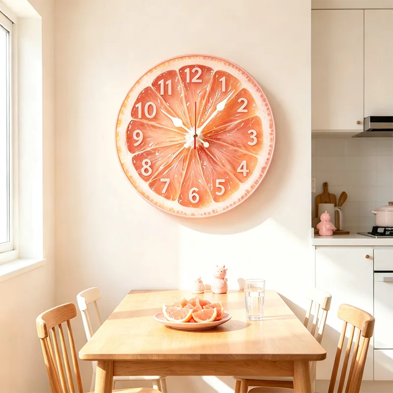 Pink Grapefruit Slice Round Wall Clock, Creative Fruit Themed Silent Non Ticking Quartz Wall Watch, Fresh Citrus Art Decor Clock for Living Room Kitchen Home Decoration