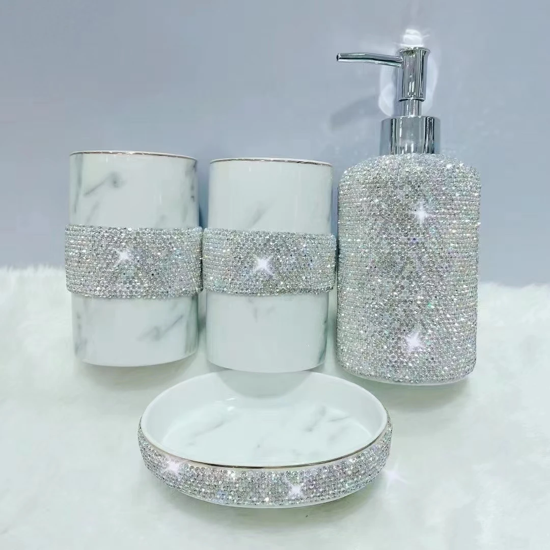 

4PCS Set Rhinestones Empty Lotion Bottle Liquid Soap Dispenser Pump Container Wash Cup Tooth Brush Toothpaste Organizers Ceramic