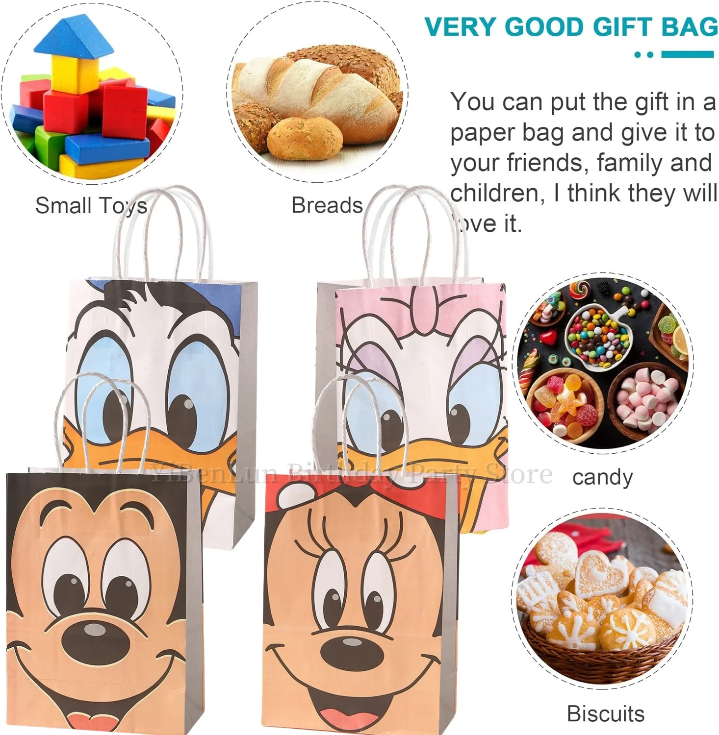 Mickey Mouse Party Gift Bags Birthday Decor Minnie Donald Duck Kraft Bag Biscuit Handle Candy Bag Baby Shower Kids Favors Gifts