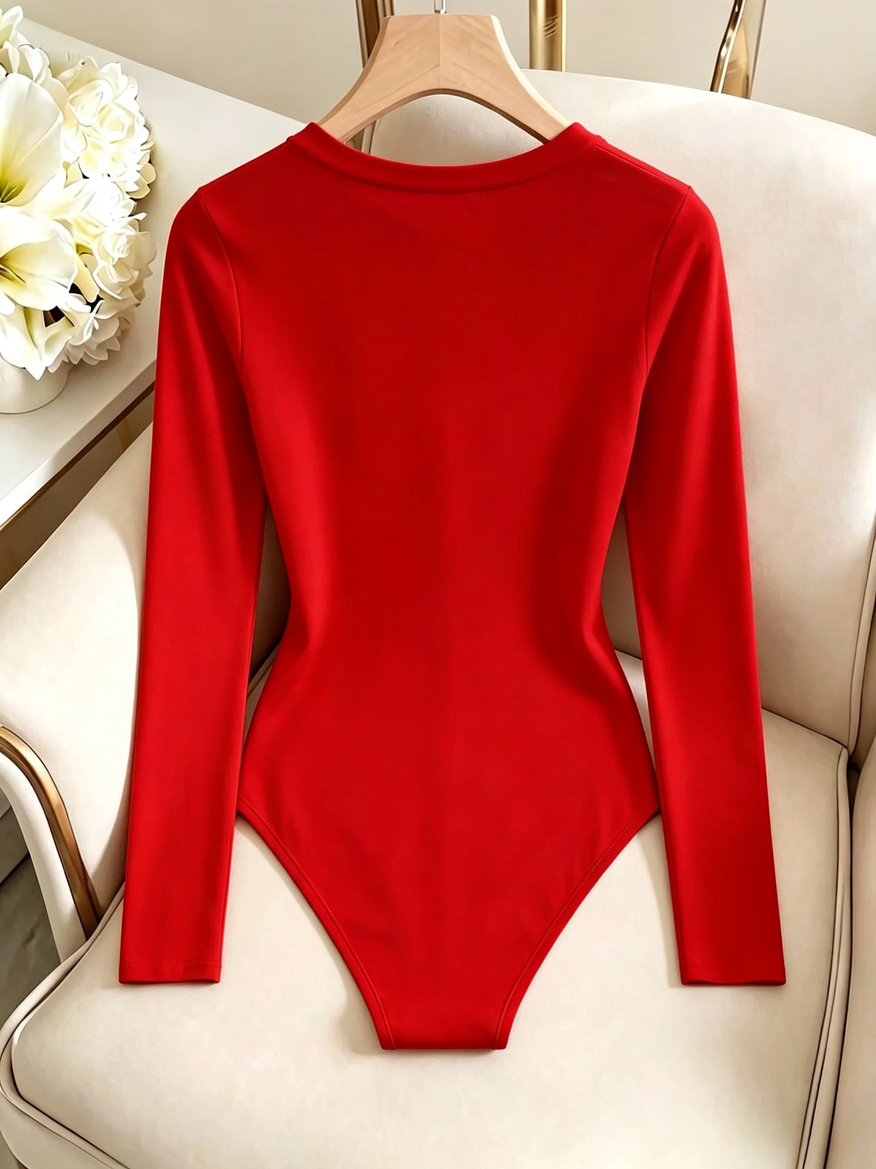 Damen-Body mit Rundhalsausschnitt und langen Ärmeln, hoch geschnitten, schmal geschnitten, figurbetont, Y2K, sexy, lässig, Basic, einteiliges Oberteil – Detail 11