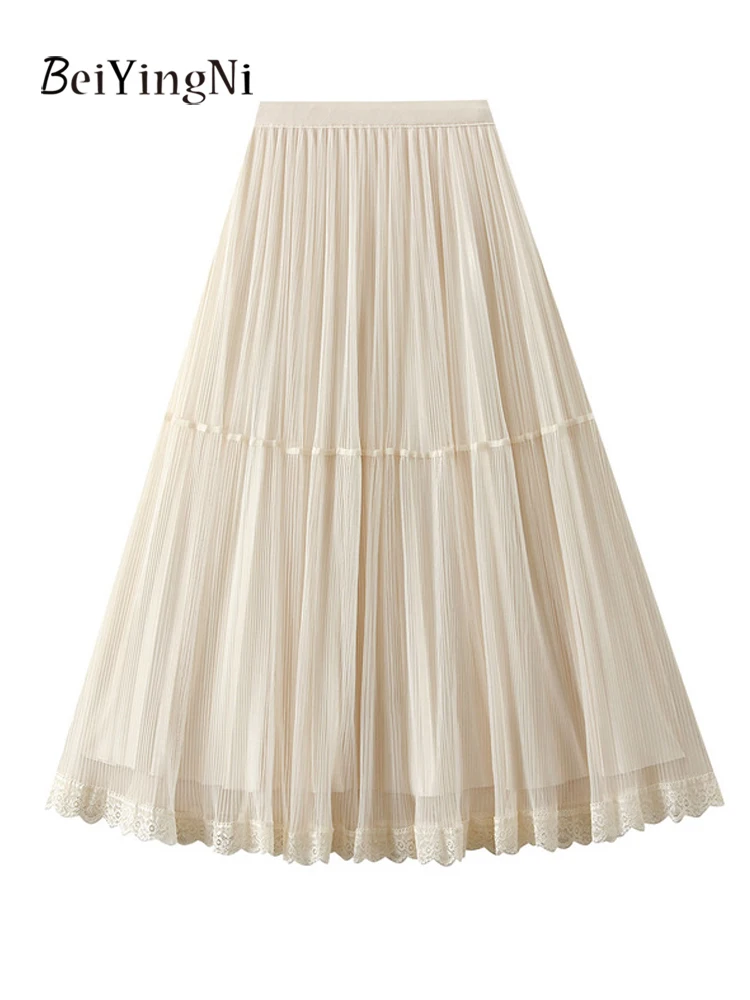 

Beiyingni Lace Mesh Women Pleated Skirts Solid Color Black Khaki High Waist A-line Midi Skirt Ladies Slim Street Faldas Clothing
