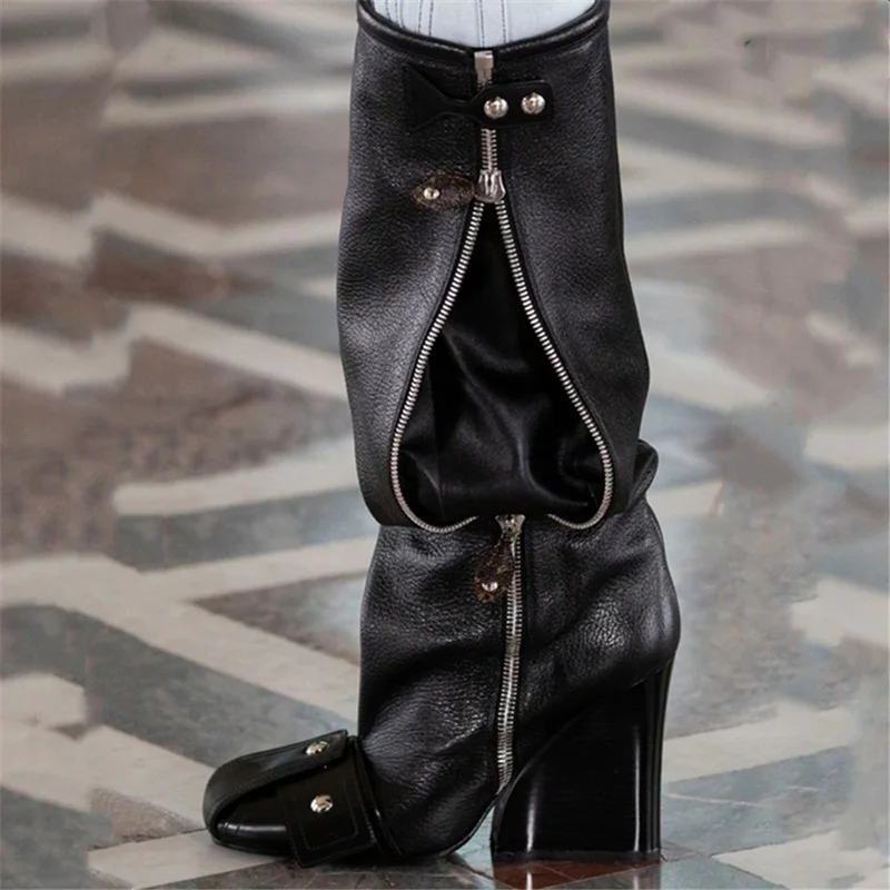 Mixed Color Matte Leather Women Wedge Boots Square Toe Patchwork Long Boots Buckle Strap Zipper Runway Dress Shoes Party