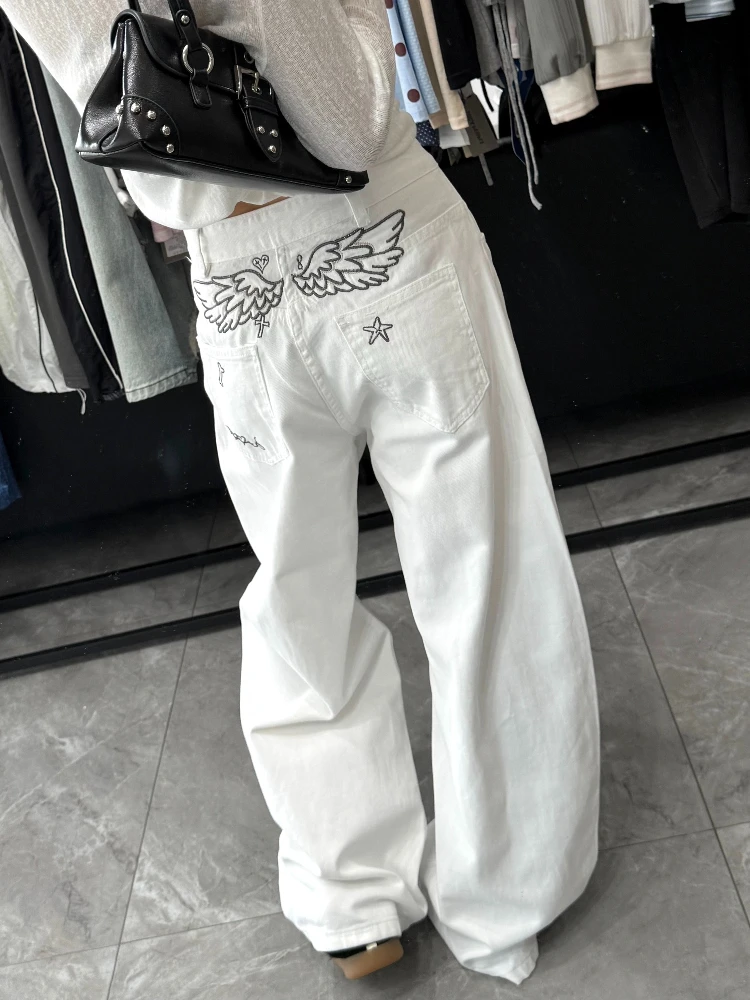 Women American Sweet Cool Angel Wings Embroidery White Curved Banana Pants Loose Casual Versatile Wide Leg Denim Trousers