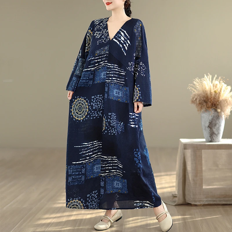 

plus Size Loose Fit Long Sleeve V-Neck Cotton Linen Print Slimming Dress Women's Artistic Style Casual Spring Dress