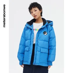 Metersbonwe-Hooded Lightweight Down Jacket for Women, Short Comfortable Warm Ladies Outerwear, Brand New, Blue Fashion,Winter