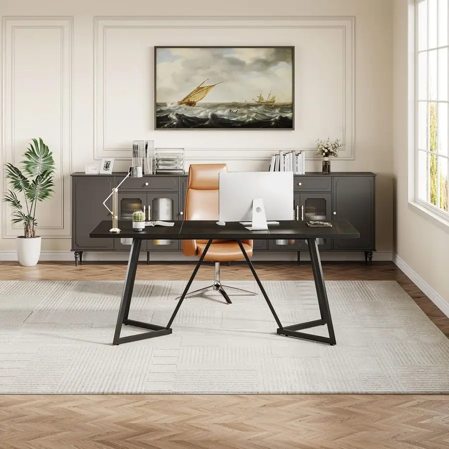 70.86Inch Conference Table for 8, Black Conference Room Table with Metal Base, Modern 5.9 ft Rectangular Table for Boardroom, Me