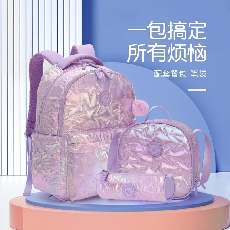 Mochila para estudiantes, funda para niñas con colgante de bola de piel, mochila para estudiantes, bonito esquema de colores, correa de hombro transpirable de gran capacidad