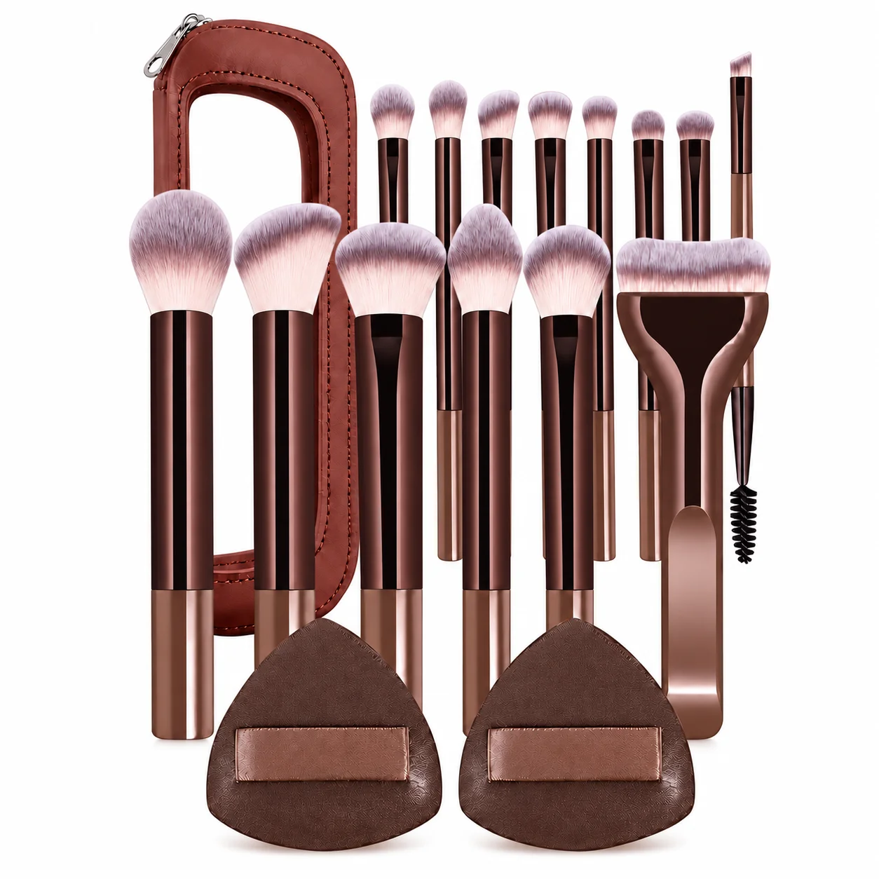 17Pcs Soft Synthetic Makeup Brush Set with 2 Triangle Powder Puff Foundation Blush Contour Eyeshadow Brow Brush for Professional