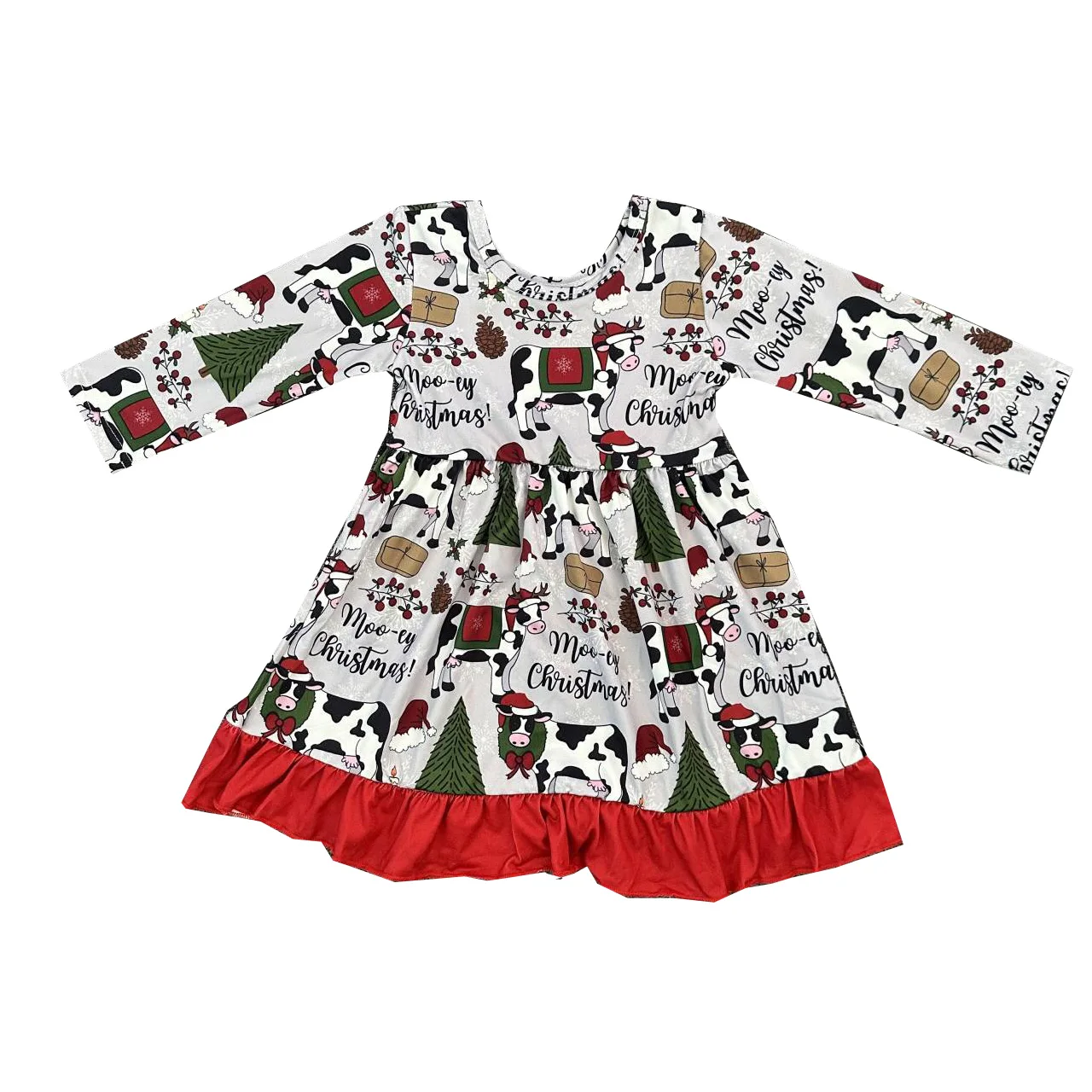 Christmas style girls' dress with long sleeves, extended skirt, knee-length cow pattern milk silk fabric