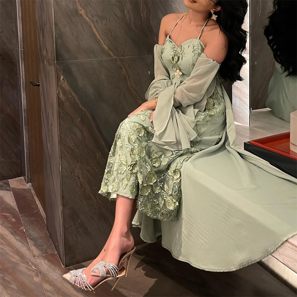 Tarot Green Dubai Appliques Chiffon Prom Dresses A Line Sweetheart Long Bell Sleeves Evening Gowns 2024 Fashion robes de soirée