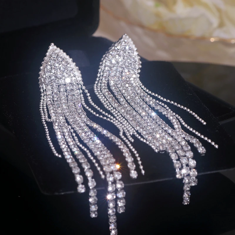 Luxury Full Rhinestone Crystal Long Tassel Earrings for Women Bridal Wedding Drop Dangling Earrings Evening Party Jewelry Gifts