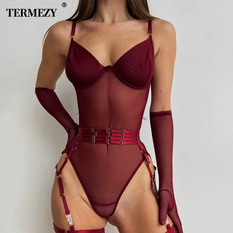 TERMEZY Sexy Women Corset Lace Mesh Underwear Elasticity Temptation Bodysuit Slimming Transparent With Glove 3 Piece Lingerie