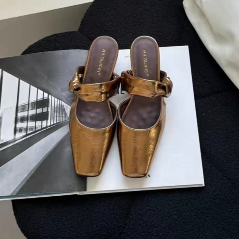 

Summers New Style Evening Breeze Baotou Half Slippers French Low Heel Women's Shoes Summer New Thick Heel Slippers