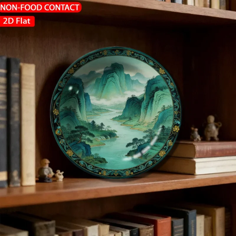 1pc Rounded Mountain River Green Ceramic Plate Non-Food Contact, Home Desk Ornaments, Living Room And Bedroom Decorations,