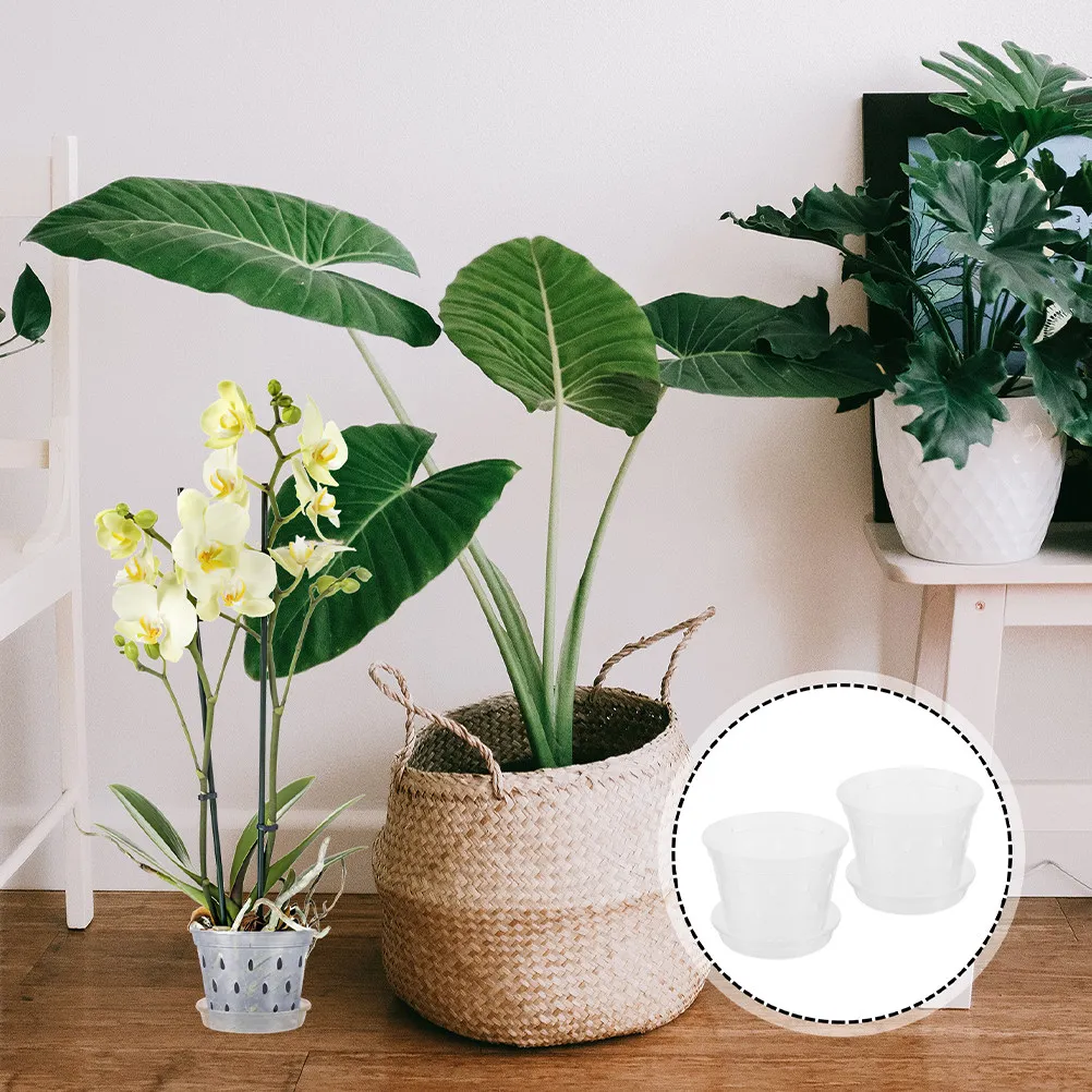 2Sets Clear Plastic Orchid Pots with Drain Holes and Base Tray for Root Observation Humid Warm Environment Breathable Plant