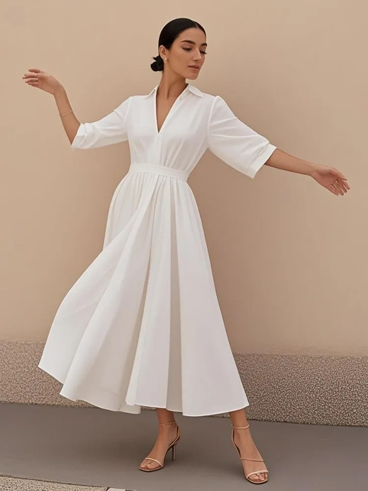 

Freeacy Women's Solid White Cotton-blended Dress Lapel V-neck Three-quarter Sleeves High Waist A-line Dresses 2025 Summer New