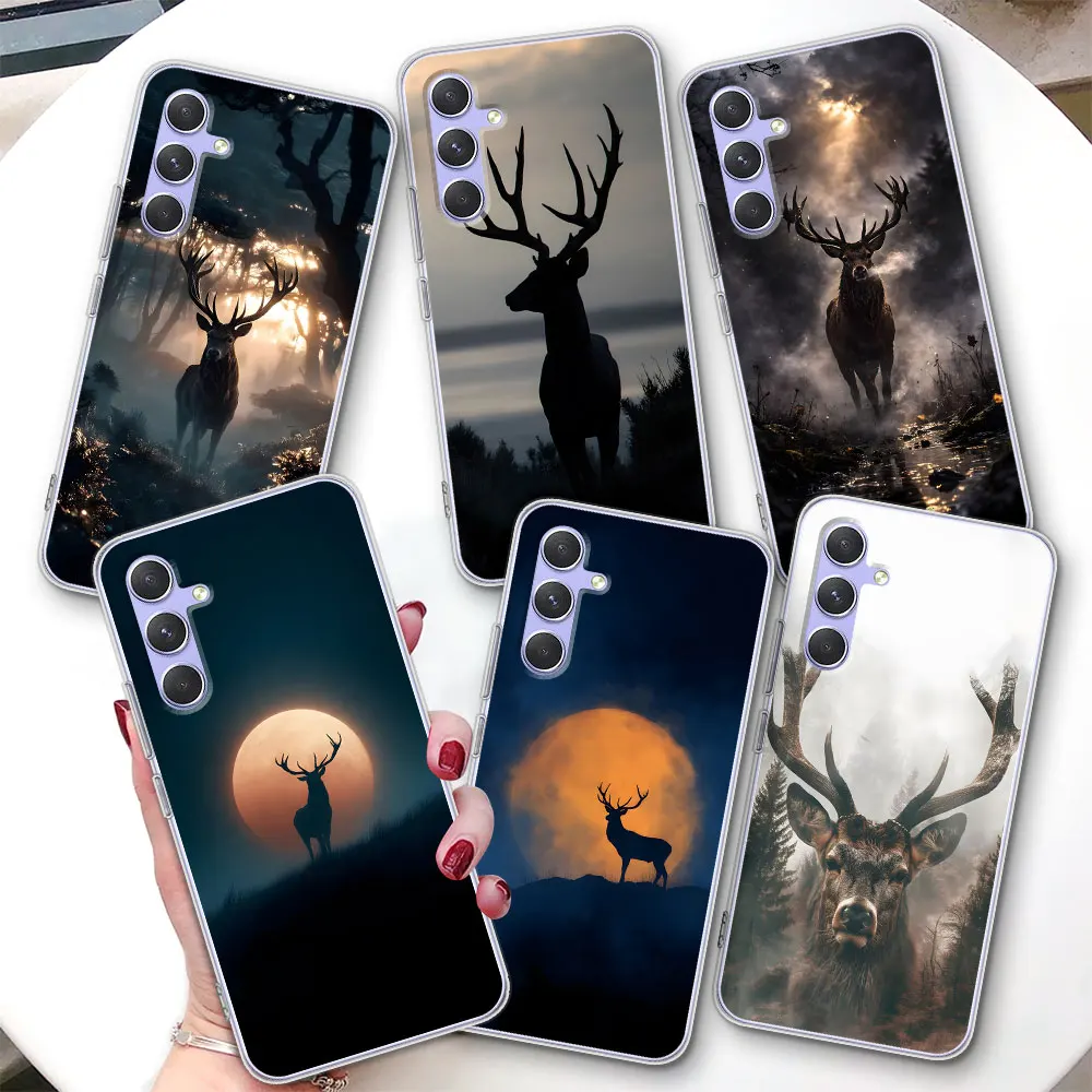 Transparent Case for Samsung Galaxy A57 A15 A27 A37 A16 A17 A54 A14 A22 A51 A53 A12 A13 A23 TPU Phone Cover Forest Lunar Deer