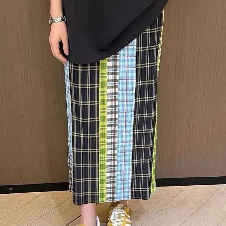 

New Fashion Plaid Skirt Women Summer Elastic High Waist Patchwork Casual Straight Midi Skirts Y2k Mori Girl Harajuku