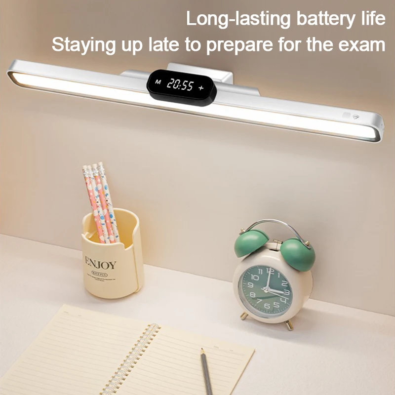 

Светодиодная настольная лампа с дисплеем времени, пульт дистанционного управления, перезаряжаемая настольная лампа, общежитие, спальня, защита глаз, настольная лампа для магнитного чтения